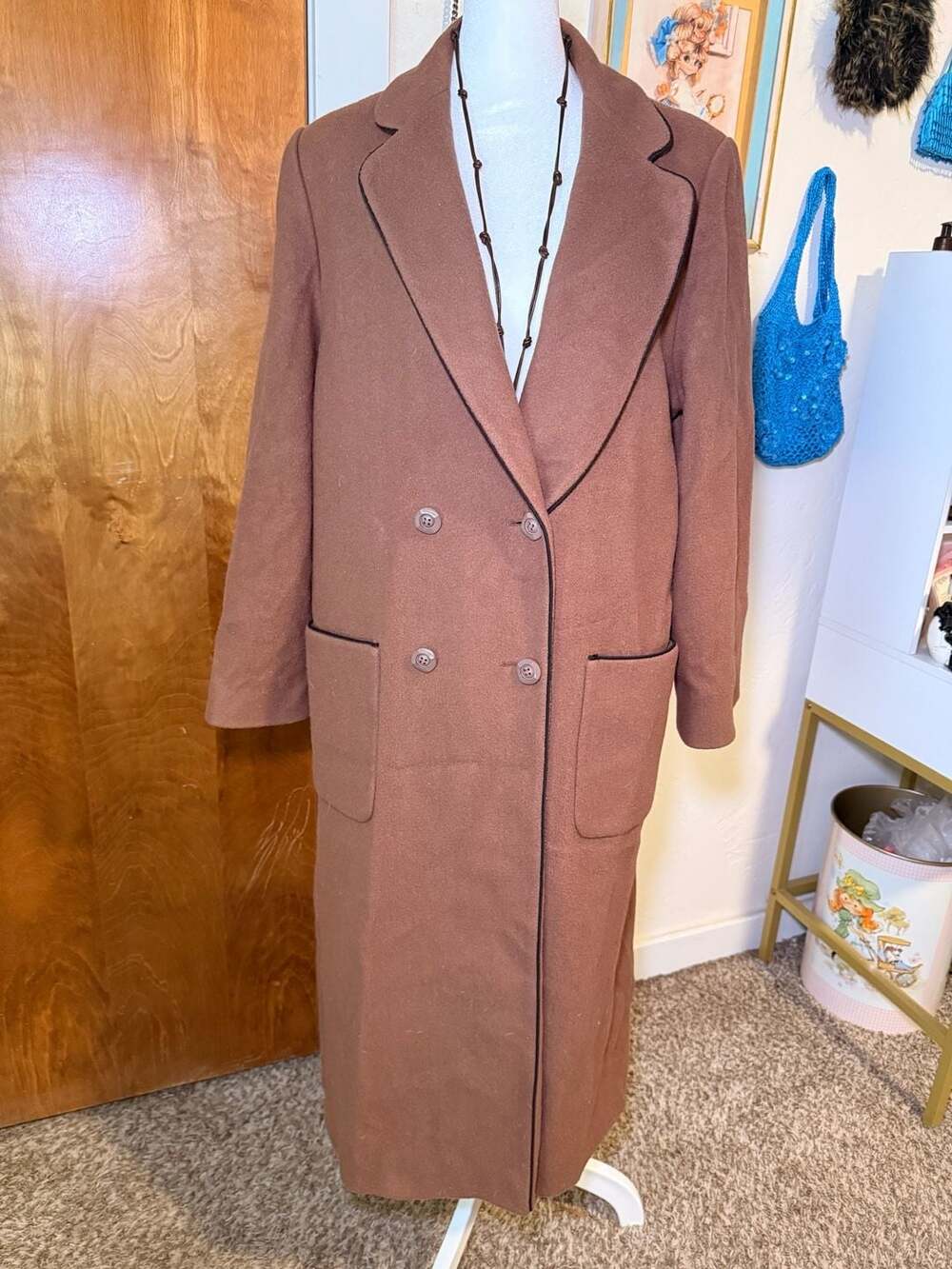 Vintage 80s Fleurette of California x Neiman Marcus Long Wool Trench Coat Brown